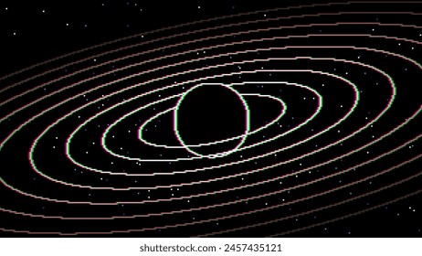 Retro pixel art solar system orbits. Cosmic background with 8-bit video game pixelated stars and planet rings. Digital space vector illustration