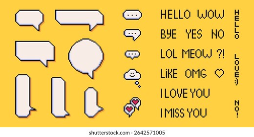 Retro pixel art speech bubbles and chat messages on yellow background - 8 bit style communication balloons with cute text phrases for gaming ui, digital messaging design and nostalgic social media.