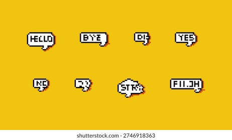 Retro pixel art speech bubbles set with hello, yes, no, ok, and bye messages. Vector 8-bit game chat cloud icons on yellow background for gaming interface, web design, and digital communication.