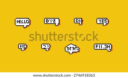 Retro pixel art speech bubbles set with hello, yes, no, ok, and bye messages. Vector 8-bit game chat cloud icons on yellow background for gaming interface, web design, and digital communication.