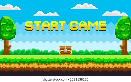 Retro pixel art style scene with text Start Game above a treasure chest. Two tall trees on each side green grass and a distant sky with clouds. Ideal for gaming websites pixel art lovers retro games