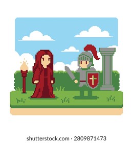 Retro pixel art style video game scene featuring a mysterious mage in a red robe facing a brave knight with a sword and shield in a lush garden landscape setting.
