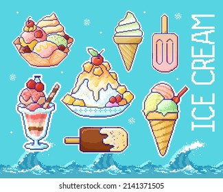 Arte de píxeles retro de los elementos de helados de verano sobre fondo de olas de mar azul