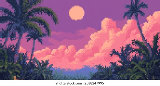Retro pixel art tropical sunset scene with palms and vibrant sky for retro game design