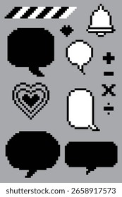 Retro Pixel Art UI Icon Set 8-bit Computer and Game Graphics black and white