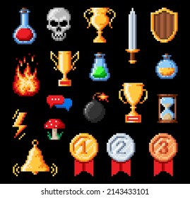 Retro Pixel Art Vector Icons Of 8 Bit Game Asset. Weapon, Prize, Medal And Fire, Timer, Poison, Skull And Bomb Icons, Sword, Trophy, Shield, Mushroom, Potion Interface Icons Or Game Ui Objects