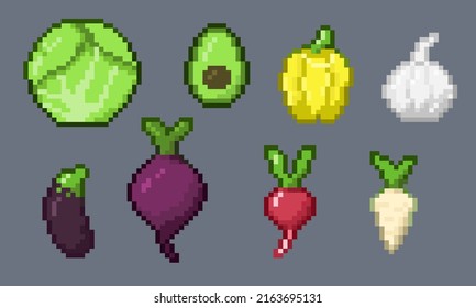 Retro pixel art vegetables set. Vintage 8-bit cabbage, avocado, paprika, garlic, eggplant, beetroot and radish icon set. Computer arcade game vector items illustrations. Colorful items collection