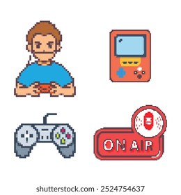 retro pixel art of video game live streamer playing console icon set avatar.