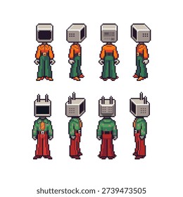 Retro pixel character sprites with television heads shown from multiple angles, male and female variants for game animation, cyberpunk worlds, NPC design and 8bit side view character sheets.