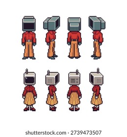 Retro pixel character sprites with television heads shown from multiple angles, male and female variants for game animation, cyberpunk worlds, NPC design and 8bit side view character sheets.