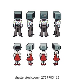 Retro pixel character sprites with television heads shown in multiple views,  game animation, cyberpunk stories, NPC roles, side view sprite sheets and futuristic interface worlds.