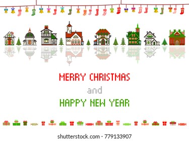 Retro Pixel Christmas Greeting Card With Houses, Socks and Bells, vector