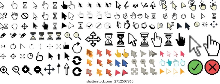 Conjunto de iconos de cursor de píxeles retro: símbolos de flecha y Hacer clic de mano, otros Elementos Conjunto Grande en estilo de Vector de 8 bits