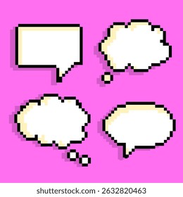 Retro Pixel Dialogue and Thought Balloons Vector Pack. Set of pixel art speech bubbles in retro style. for comic design, video games, digital art, stickers, social media graphics, and UI elements