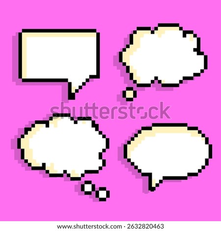 Retro Pixel Dialogue and Thought Balloons Vector Pack. Set of pixel art speech bubbles in retro style. for comic design, video games, digital art, stickers, social media graphics, and UI elements