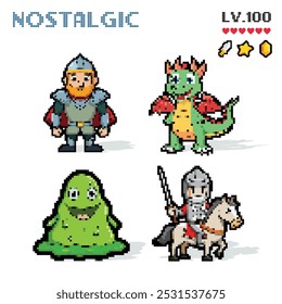 retro pixel digital game fantasy dungeon dragon knight character set illustration.