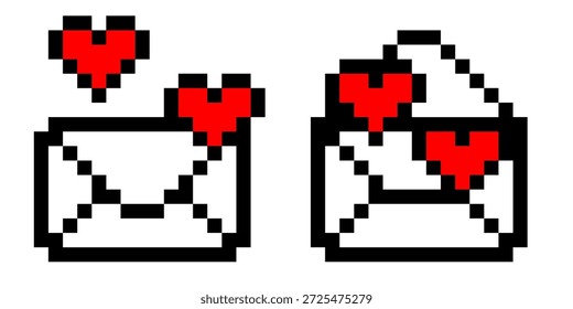 Sobre de píxeles retro con corazón en estilo de arte de videojuego arcade que crea el concepto de correo de amor digital de San Valentín para la Ilustración vectorial de diseño de juegos de 8 bits y el fondo nostálgico dulce