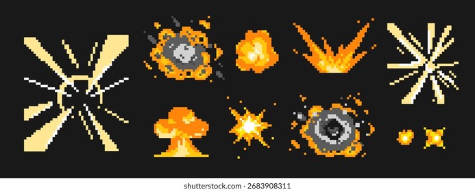 Explosiones de píxeles retro con llamas, chispas y efectos de explosión para juegos de 8 bits o arte digital. La luz estalla con nubes de humo y partículas. Escenas de acción de estilo arcade clásico o efectos especiales.