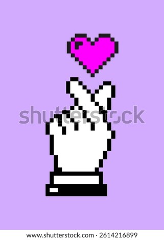 Retro Pixel finger heart. 8 bit pixel art hand icon with heart, pixel hands gestures icons set. Retro Game art isolated vector illustration. Pixel perfect. Nostalgia