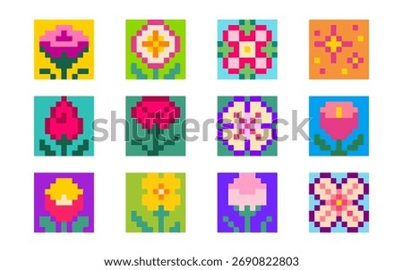 Retro pixel flower y2k designs with 8 bit roses, tulips and daisies for digital art or gaming aesthetics. Vibrant square tiles with stems and petals. Nostalgic botanical grid patterns collection.