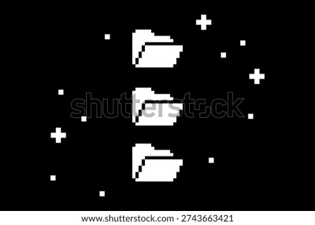 Retro pixel folder file icon on black background with 8-bit digital aesthetic. Minimal cyber UI data storage vector illustration, directory management, online organization for vintage tech design