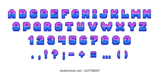 Retro pixel font. 8 bit arcade game letters numbers and punctuation marks, vintage video and computer game comic alphabet. Vector isolated set of computer typeface pixel alphabet illustration