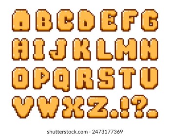 Retro-Pixelschrift. 8 bit Old School Video Spiel Alphabet, geometrische minimale geometrische Schrift mit Zahlen und Satzzeichen. Vektorgrafik-Einzelsatz