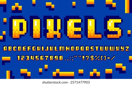 Retro pixel font, arcade game typeface, 8 bit pixel art type, binary alphabet, signs and numbers, evokes nostalgia from classic video games. Vector pixelated Abc uppercase characters in retro style