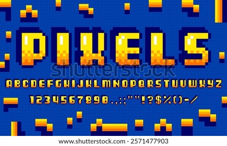 Retro pixel font, arcade game typeface, 8 bit pixel art type, binary alphabet, signs and numbers, evokes nostalgia from classic video games. Vector pixelated Abc uppercase characters in retro style