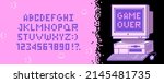 Retro pixel font. Letters and numbers in the style of gaming 80s, 90s. Flat digital pixel style. Old classic videogame or level final. Vector illustration.