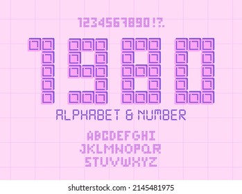 Retro pixel font. Letters and numbers in the style of gaming 80s, 90s. Flat digital pixel style. Old classic videogame or level final. Vector illustration.
