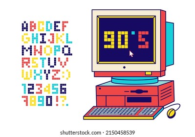 Retro pixel font. Letters and numbers in the style of gaming 80s, 90s. Flat digital pixel style. Old classic videogame or level final. Vector illustration.