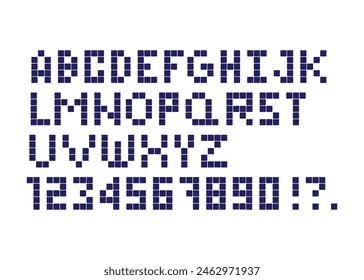 Retro pixel font. Letters and numbers in the style of gaming. Flat digital pixel style. Old classic videogame text and numbers. Vector illustration.