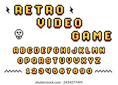 Retro pixel font from old computer video game, 8 bit letters and numbers, pixel alphabet, vector