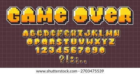 Retro pixel font set isolated on computer screen background. Vector cartoon illustration of geometric English ABC letters, numbers, punctuation signs, arcade game display, 8-bit text design elements