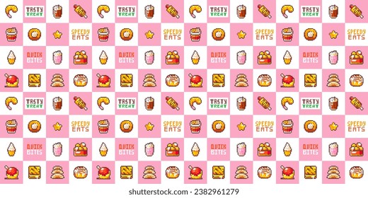 Retro Pixel Food Pattern. Seamless Fast-food Icons, Y2k Game Snack Treats Design, Pixelated Desserts and Drinks Wallpaper Seamless Background Illustration.