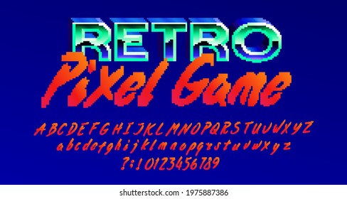 Retro Pixel Game alphabet font. Pixel script letters, numbers and punctuations. 80s arcade video game typescript.