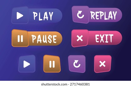 Conjunto de Botones de juego de píxeles retro: iconos de interfaz GUI de arcade coloridos en estilo de ciencia ficción de neón