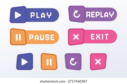 Conjunto de Botones de juego de píxeles retro: iconos de interfaz GUI de arcade coloridos en estilo de ciencia ficción de neón