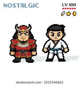 retro pixel game digital samurai japanese fight sticker set illustration.