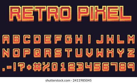 Retro pixel game font. Arcade game 16-bit 3D pixel letters and numbers. Old school video game vector symbols set.