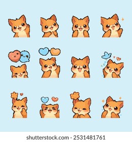 retro pixel game gamer gaming kawaii animal fox hamster monster mascot illustration sticker emoticon set.