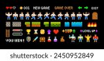 Retro Pixel Game trophy icons and vector elements for adventure arcade level design. Level up hero character animation game design. Retro video game sprites in 80s - 90s style. Perfect pixel graphics