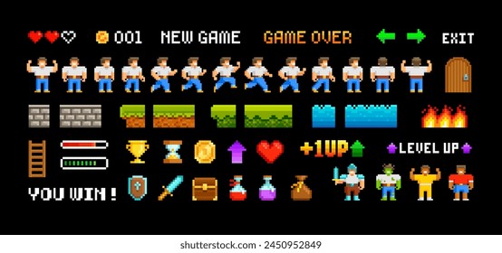 Retro Pixel Game trophy icons and vector elements for adventure arcade level design. Level up hero character animation game design. Retro video game sprites in 80s - 90s style. Perfect pixel graphics