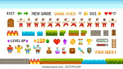 Retro Pixel Juego de trofeos de Paquete y Elementos de Vector para el diseño de nivel de arcade de aventura. Sube de nivel el diseño del juego de animación de personajes de héroe. Video Retro Diseño de píxel perfecto