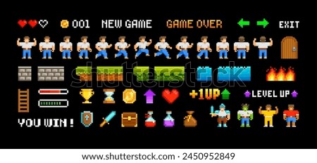 Retro Pixel Game trophy icons and vector elements for adventure arcade level design. Level up hero character animation game design. Retro video game sprites in 80s - 90s style. Perfect pixel graphics