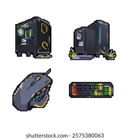 Retro pixel Gaming Computer accessories icons set cartoon vector. Pc. Mouse controller