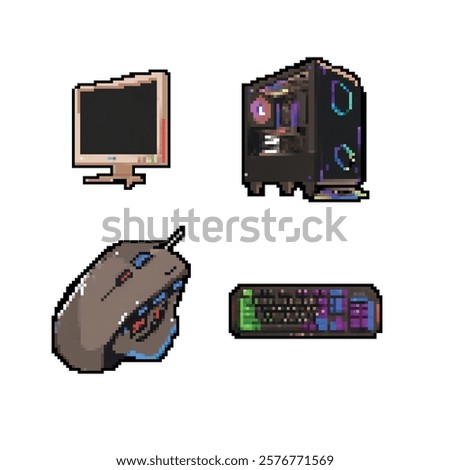 Retro pixel gaming pc element set for live streamer