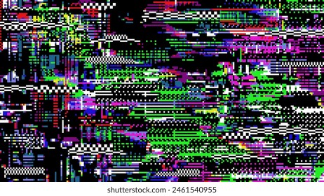 Retro pixel glitch background of TV screen with color noise pixels, abstract vector texture. Broken TV screen digital error or VHS video and retro television distortion signal on glitch noise screen