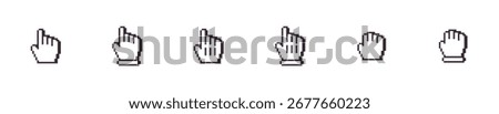 Retro Pixel Hand Cursor Icons Set with Pointing and Clicking Mouse Hands for UI UX Design and Retro Games